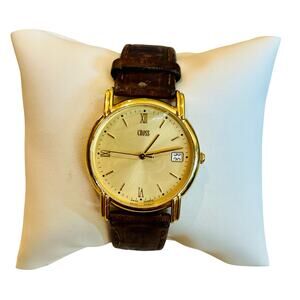 VTG Cross Men’s Gold Wristwatch with Leather Strap – Swiss Quartz, Date Feature
